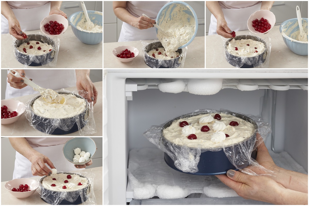 Colaj de poze cu pașii de formare și congelare a tortului de înghețată