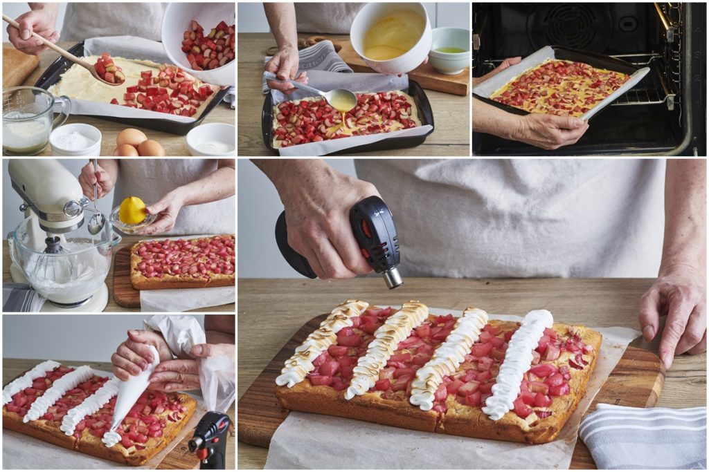 Colaj de poze cu pașii de preparare ai prăjiturii cu rubarbă și bezea