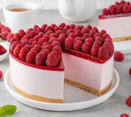 Cheesecake cu jeleu de zmeură secționat pe platou și o porție pe farfurie