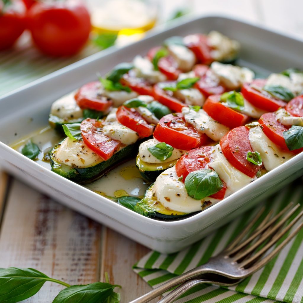 Jumătăți de dovlecei cu felii de roșii, mozzarella și frunze de busuioc