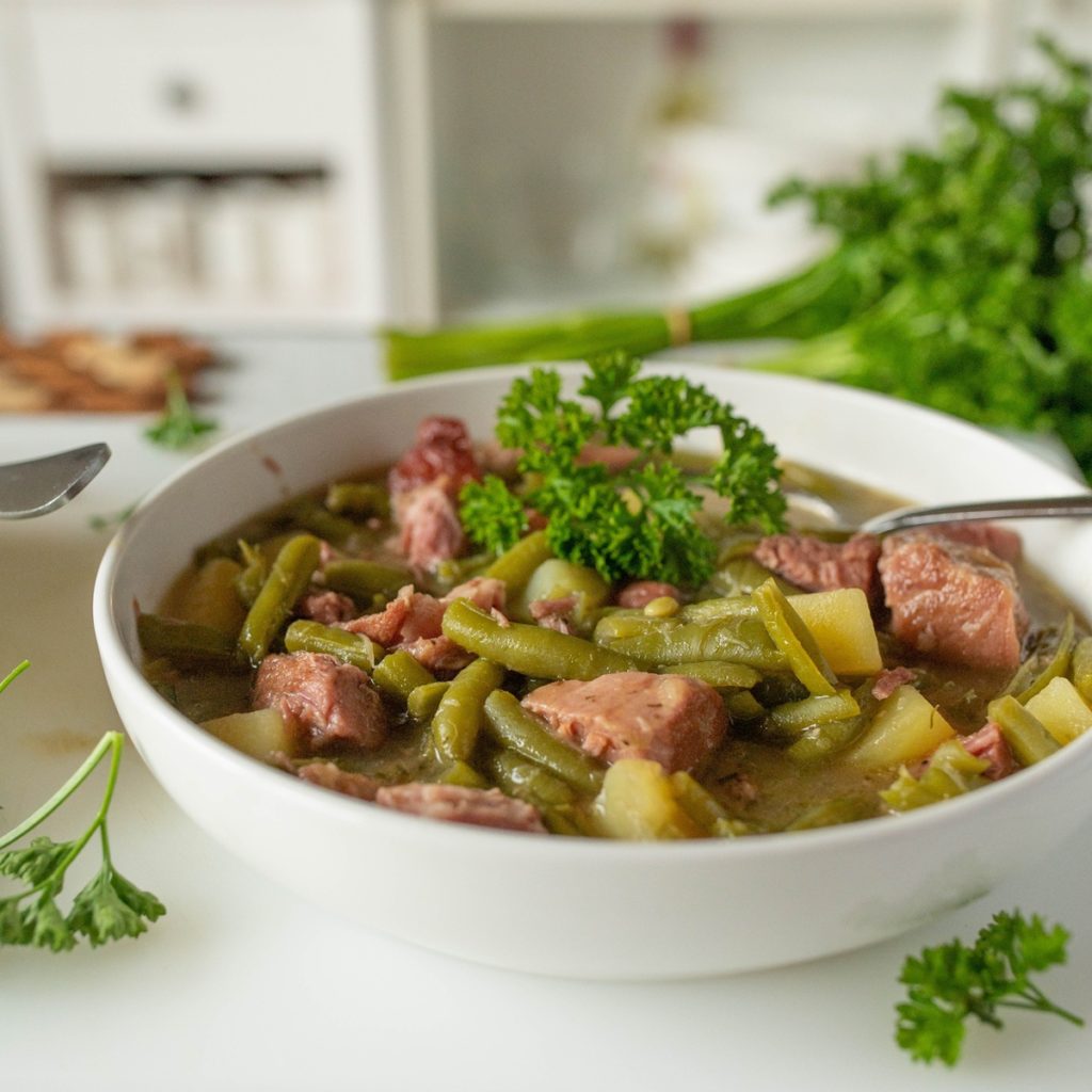 Porție de mâncare de fasole verde cu carne și cartofi