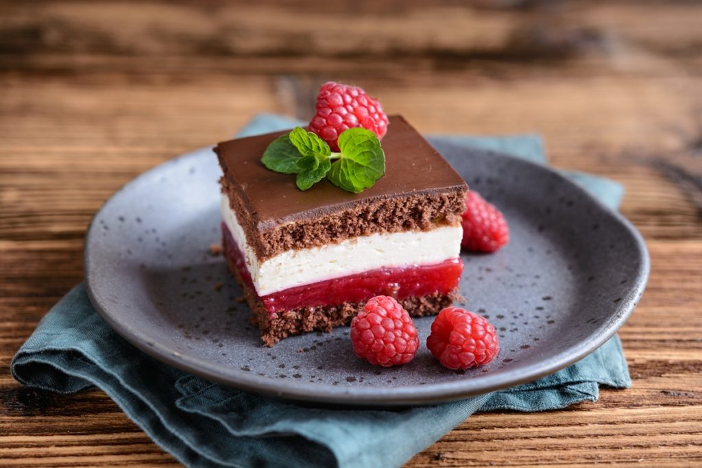 O porție de prăjitură cu blaturi de cacao, jeleu de zmeură și cremă de mascarpone