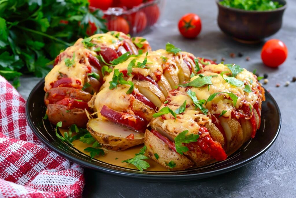 Cartofi evantai cu roșii și cașcaval