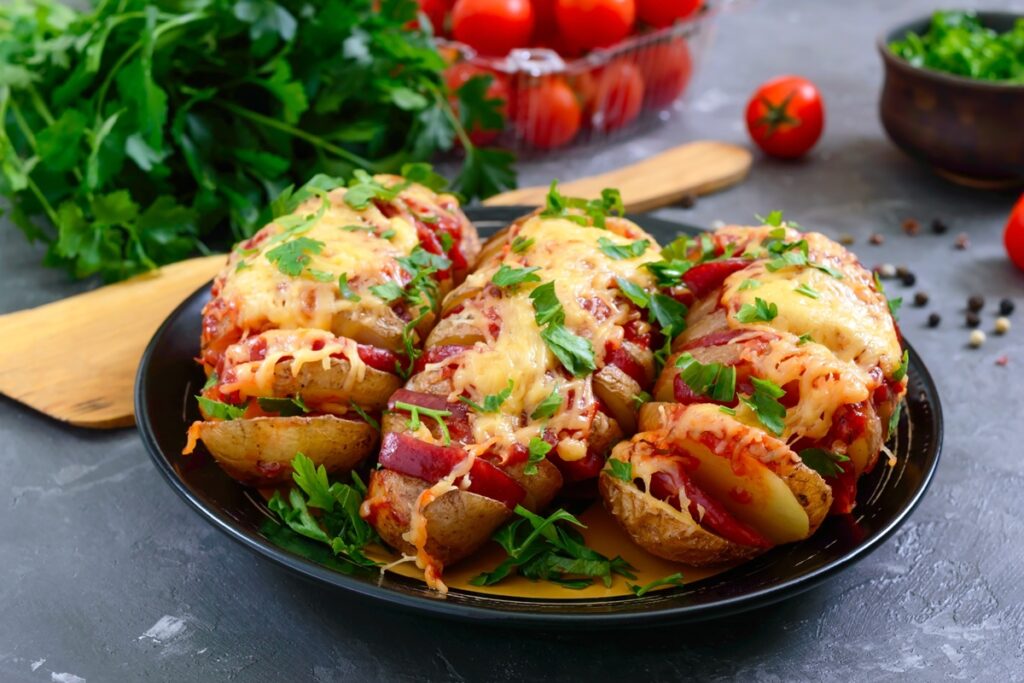 Cartofi evantai umpluți cu roșii și gratinați, decorați cu pătrunjel