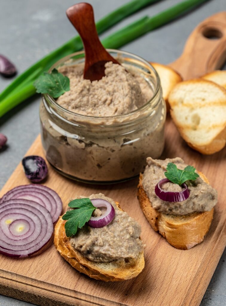 Pate de ciuperci cu boabe de fasole în borcan și pe felii de pâine