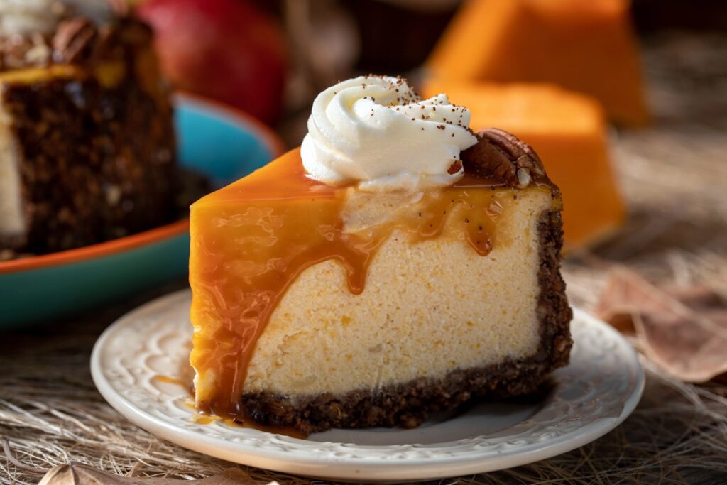 Porție de cheesecake cu dovleac și sos caramel