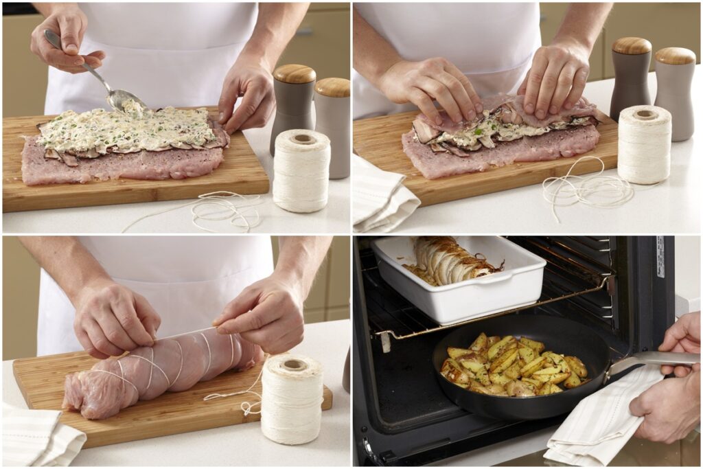 Colaj de poze cu pașii de preparare ruladă de curcan cu brânză cremoasă, mazăre și roșii uscate