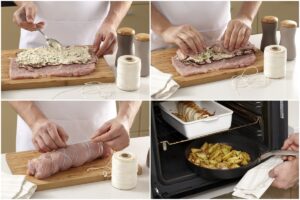 Colaj de poze cu pașii de preparare ruladă de curcan cu brânză cremoasă, mazăre și roșii uscate