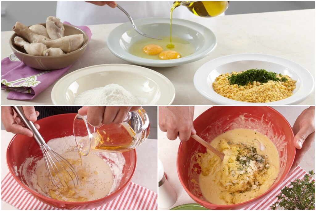 Colaj de poze cu prepararea aluatului tempura