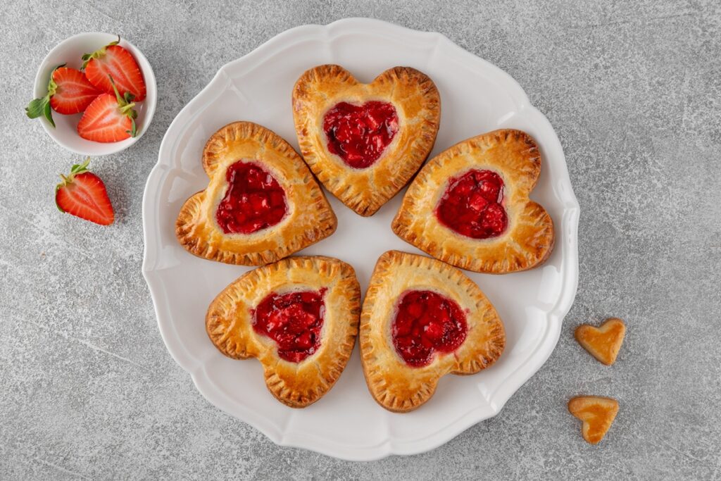 Cinci mini tarte inimioare din foietaj cu căpșuni pe o farfurie