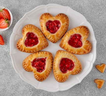 Cinci mini tarte inimioare din foietaj cu căpșuni pe o farfurie