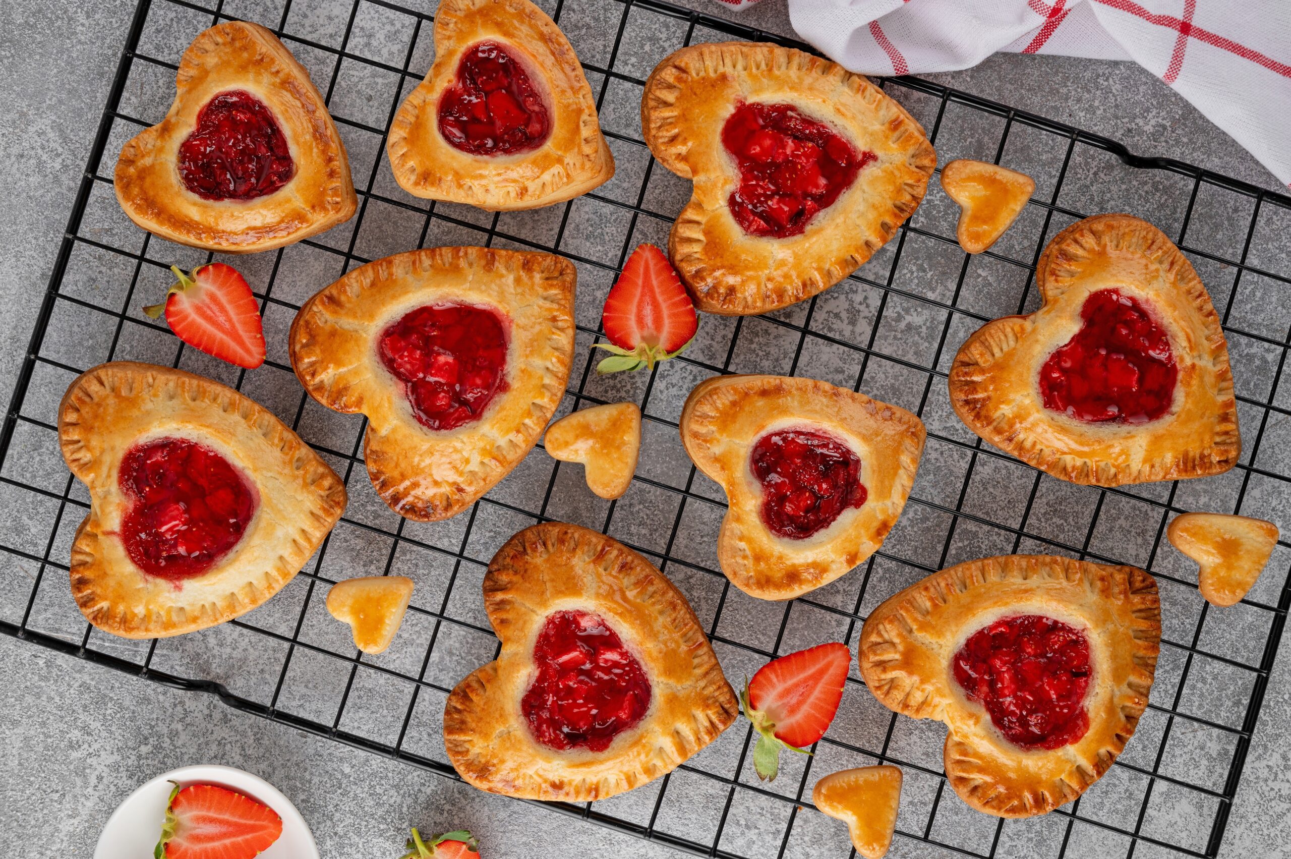 Mini tarte inimioare din foietaj cu căpșuni pe un grătar