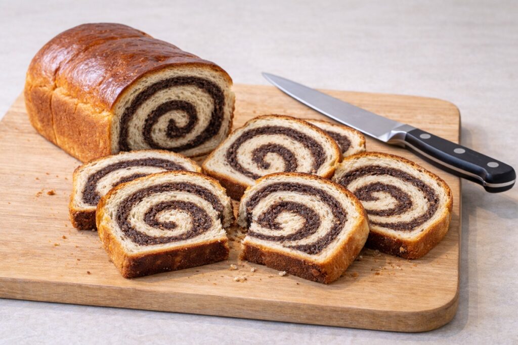 Cozonac spirală de post porționat pe un tocător