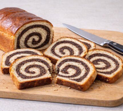 Cozonac spirală de post porționat pe un tocător