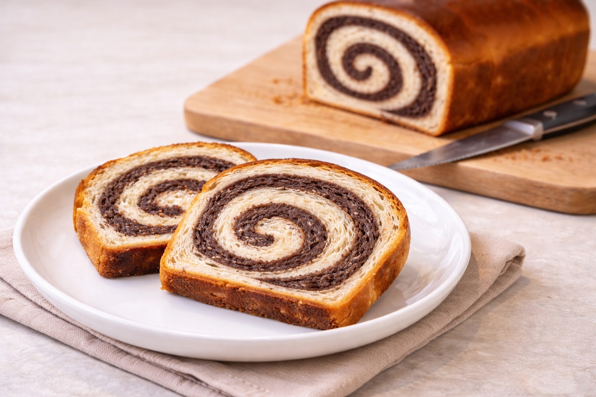 Cozonac spiralat de post pe tocător și două felii pe o farfurie