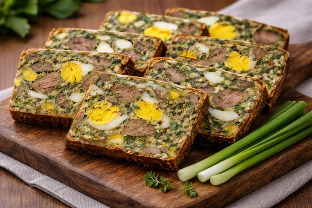 Drob de pui mozaic porționat pe un tocător, alături de ceapă verde