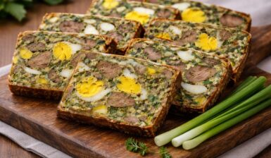 Drob de pui mozaic porționat pe un tocător, alături de ceapă verde