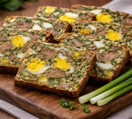 Drob de pui mozaic porționat pe un tocător, alături de ceapă verde