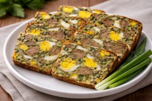 Drob de pui mozaic porționat pe o farfurie, alături de ceapă verde