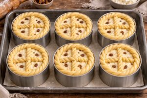 Șase mini păscuțe în forme cilindrice, așezate în tavă