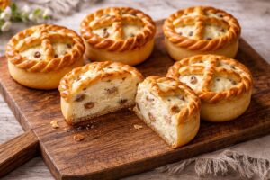 Șase mini păscuțe cu brânză și stafide, una secționată