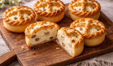 Șase mini păscuțe cu brânză și stafide, una secționată