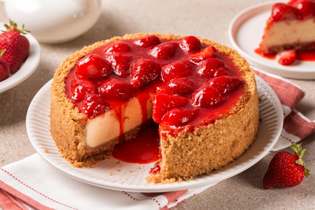 Cheesecake cu căpșuni și crustă crocantă de biscuiți secționat