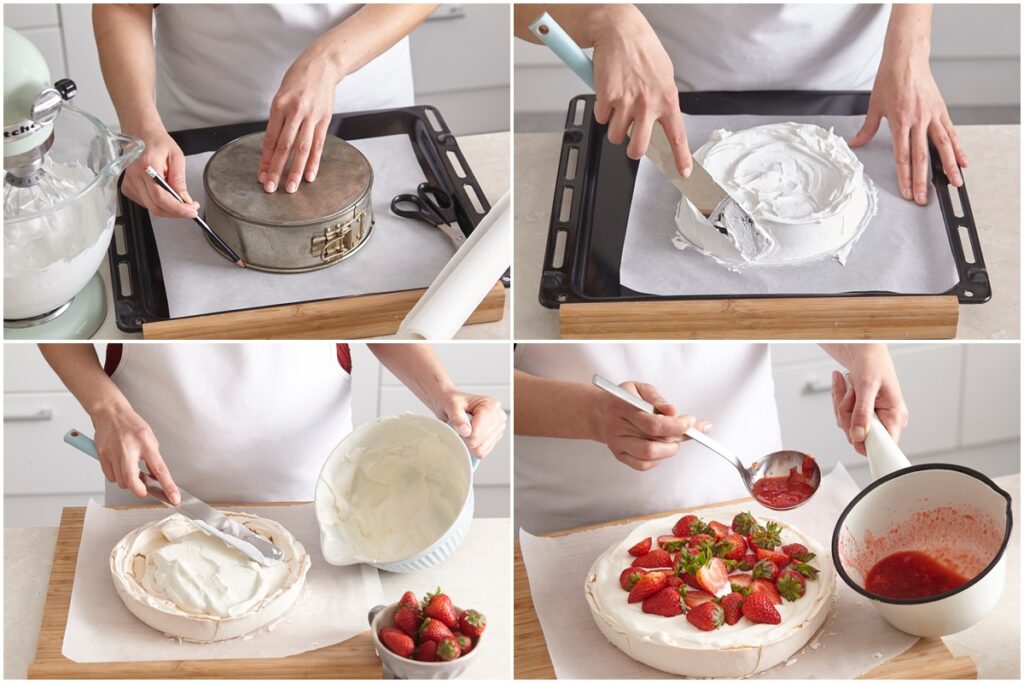 Colaj de poze cu pașii de preparare ai desertului Pavlova