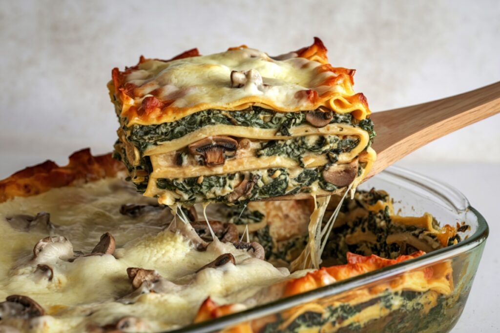 Lasagna vegetariană cu spanac și ciuperci în vas și o porție pe spatulă