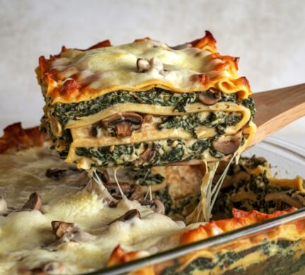 Lasagna vegetariană cu spanac și ciuperci în vas și o porție pe spatulă