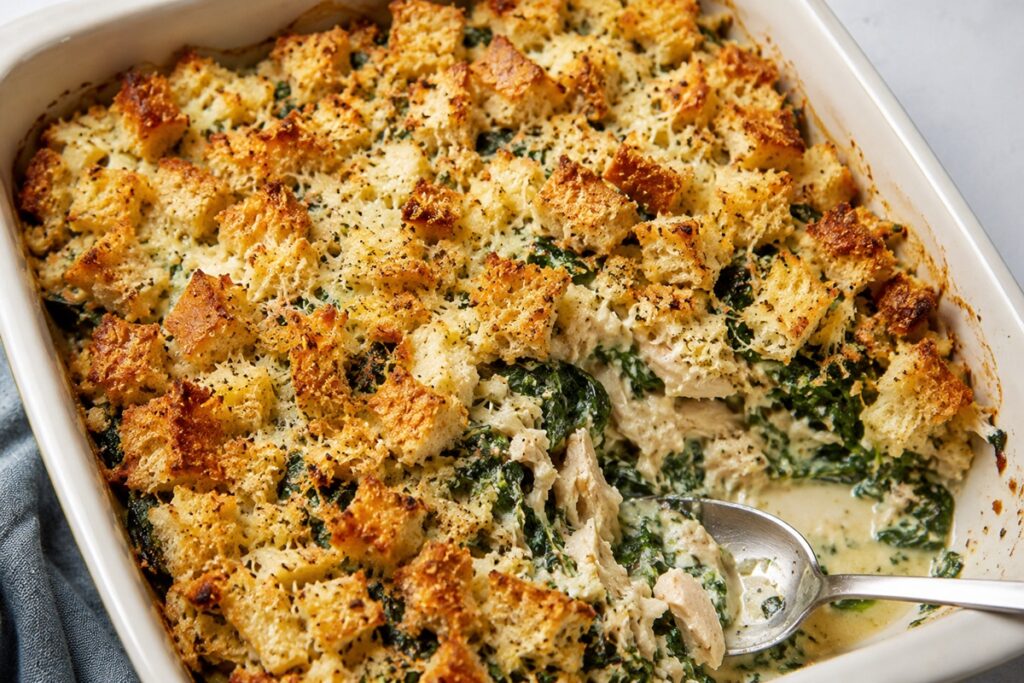 Budincă gratinată cu pui, spanac și pâine crocantă