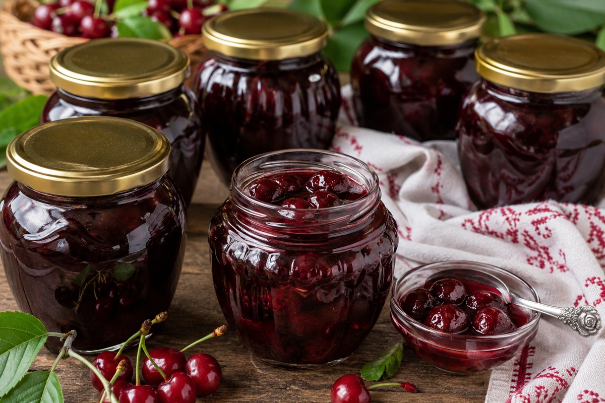 Dulceață tradițională de vișine în borcane