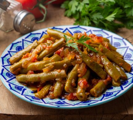 Fasole verde cu ceapă caramelizată și roșii