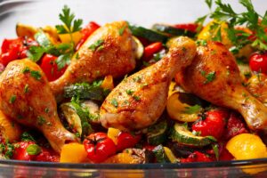 Pulpe de pui cu legume mediteraneene la cuptor