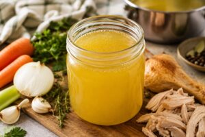 Supă concentrată de pui în borcan, alături de ingrediente folosite