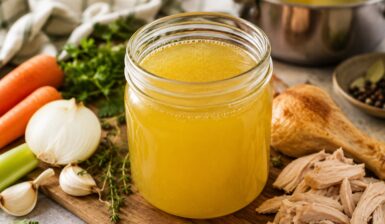 Supă concentrată de pui în borcan, alături de ingrediente folosite
