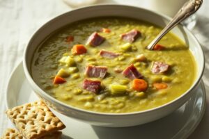 Supă cremă de mazăre cu șuncă afumată în bol cu lingură