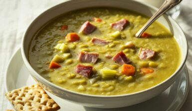 Supă cremă de mazăre cu șuncă afumată în bol cu lingură