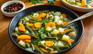 Supă de fasole verde cu legume de vară în bol cu lingură, alături de un bol cu piper
