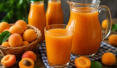 Nectar de caise în pahar, carafă și sticle, alături de caise proaspete