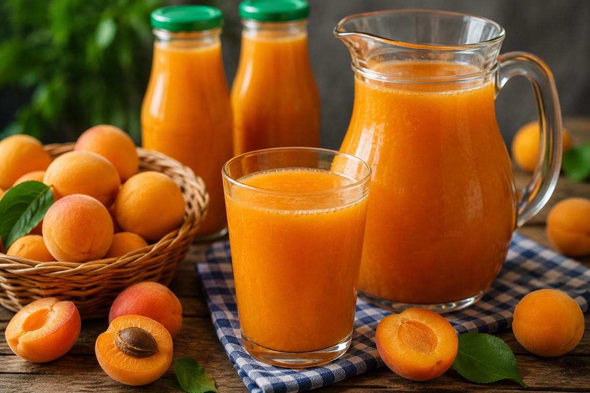 Nectar de caise în pahar, carafă și sticle, alături de caise proaspete