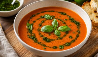 Supă cremă de roșii cu ulei aromatizat cu busuioc în bol, alături de pâine prăjită și un bol cu ulei aromatizat cu busuioc