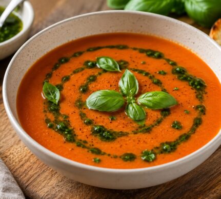 Supă cremă de roșii cu ulei aromatizat cu busuioc în bol, alături de pâine prăjită și un bol cu ulei aromatizat cu busuioc