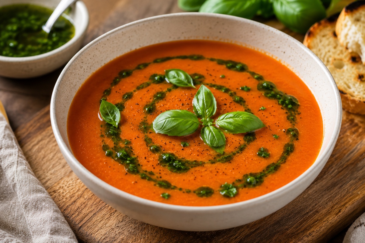 Supă cremă de roșii cu ulei aromatizat cu busuioc în bol, alături de pâine prăjită și un bol cu ulei aromatizat cu busuioc