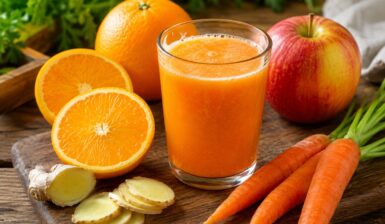 Suc natural energizant cu măr, morcov, portocală și ghimbir