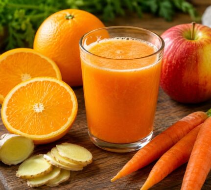 Suc natural energizant cu măr, morcov, portocală și ghimbir