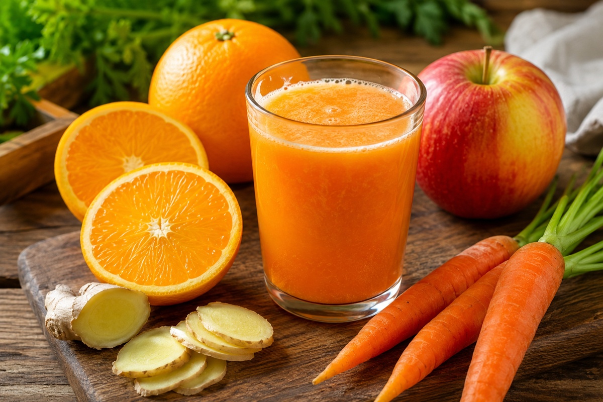 Suc natural energizant cu măr, morcov, portocală și ghimbir