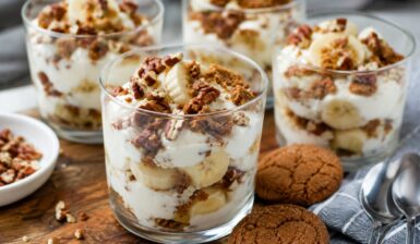 Desert cu iaurt înghețat, banane, biscuiți cu ghimbir și nuci pecan la pahare