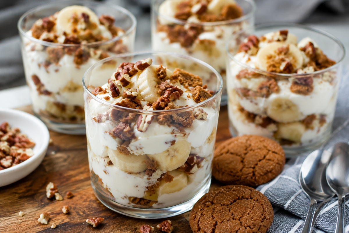Desert cu iaurt înghețat, banane, biscuiți cu ghimbir și nuci pecan la pahare