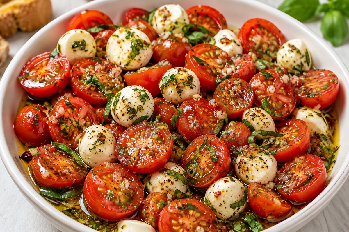Salată de roșii cu mozzarella și busuioc